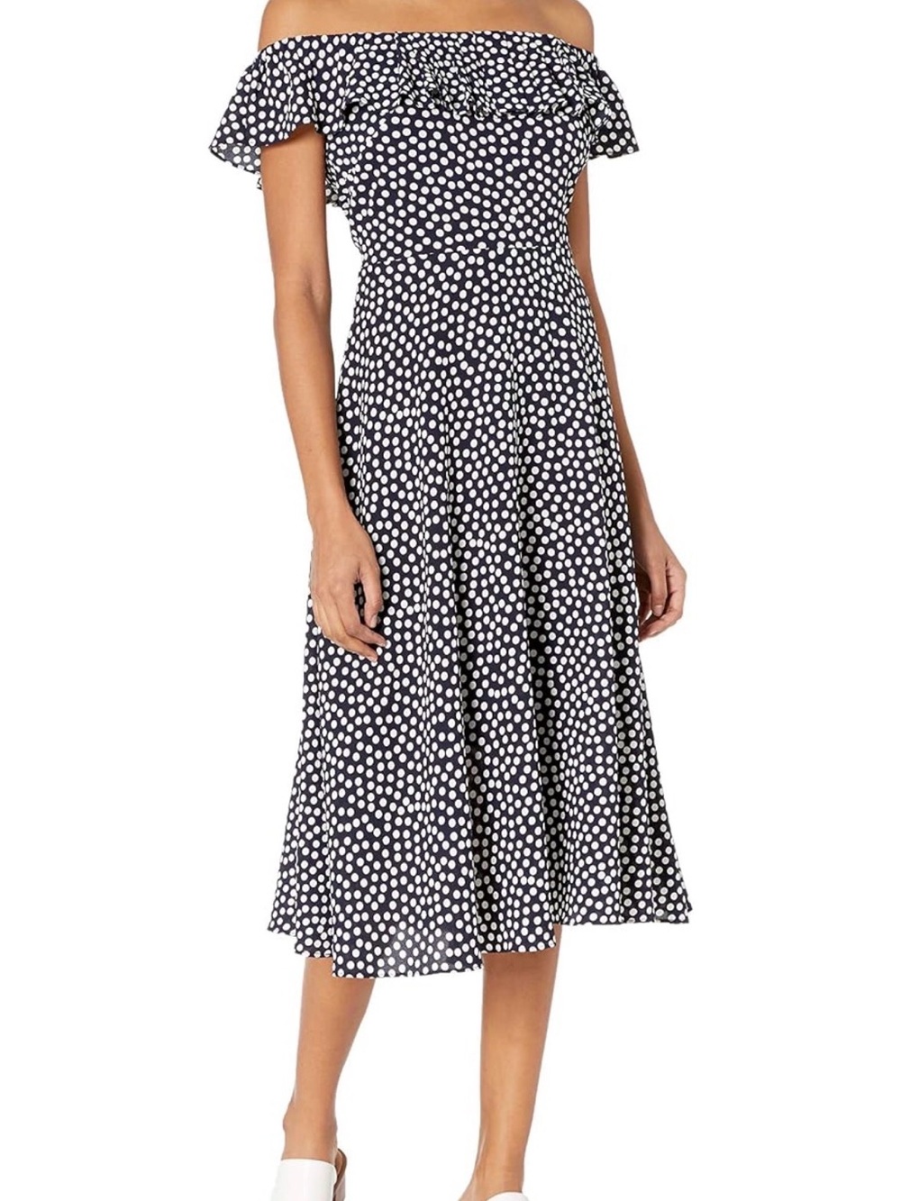 Betsey Johnson Navy and White Polka Dot Off-Shoulder Midi, Fit and Flare Dress